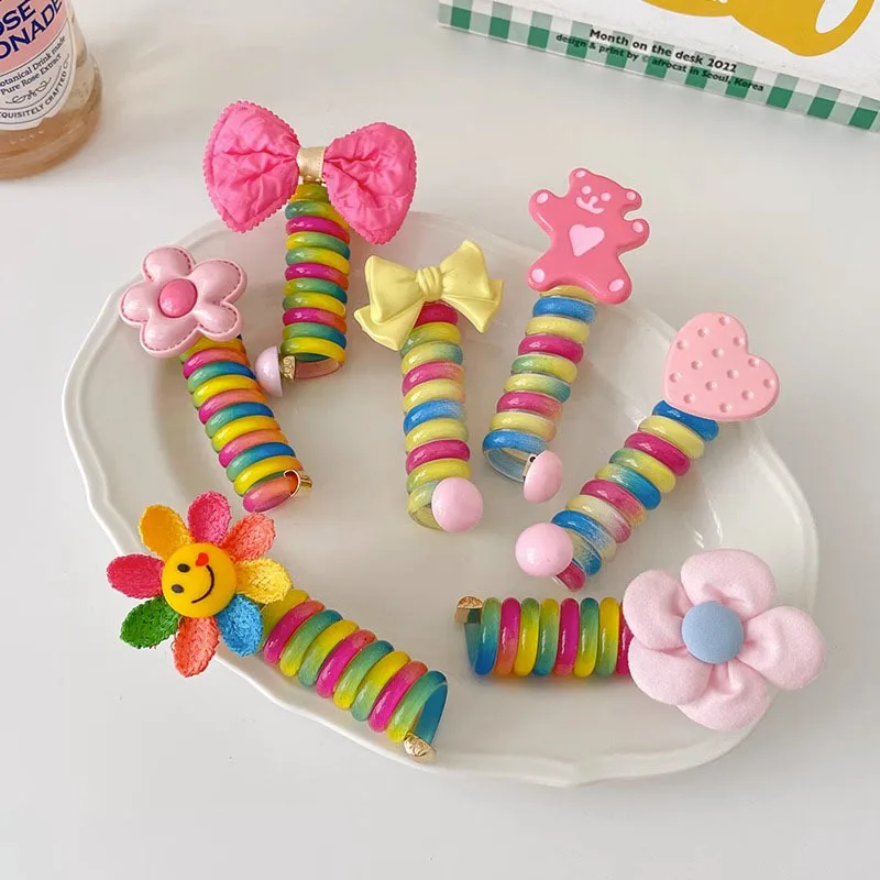 Best Seller! Korean Kids Flowers Rainbow Telephone Wire Hair Tie