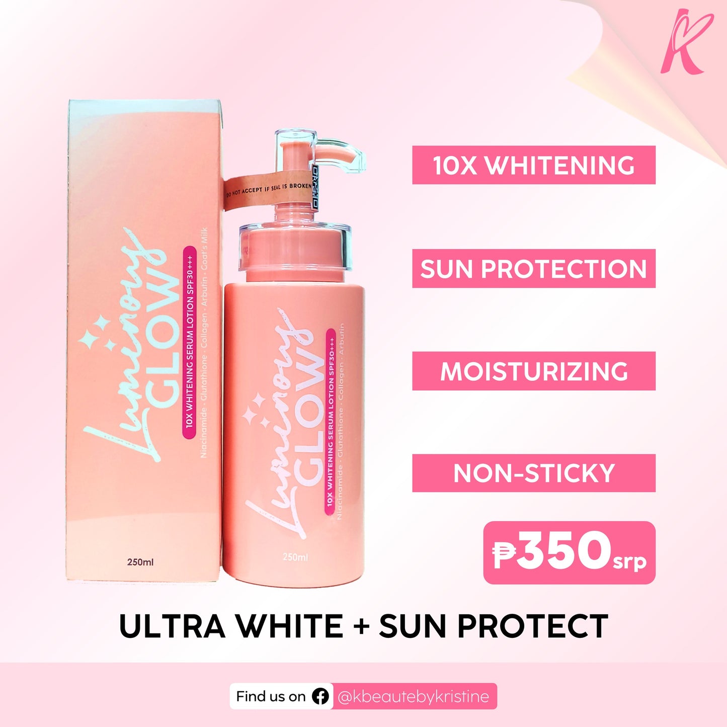 KBEAUTE LUMINOUS GLOW WHITENING SERUM LOTION SPF 30 GLUTA COLLAGEN