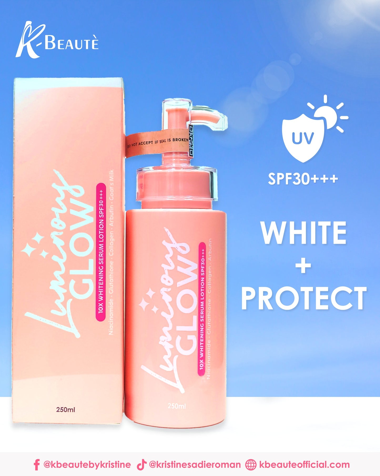 KBEAUTE LUMINOUS GLOW WHITENING SERUM LOTION SPF 30 GLUTA COLLAGEN