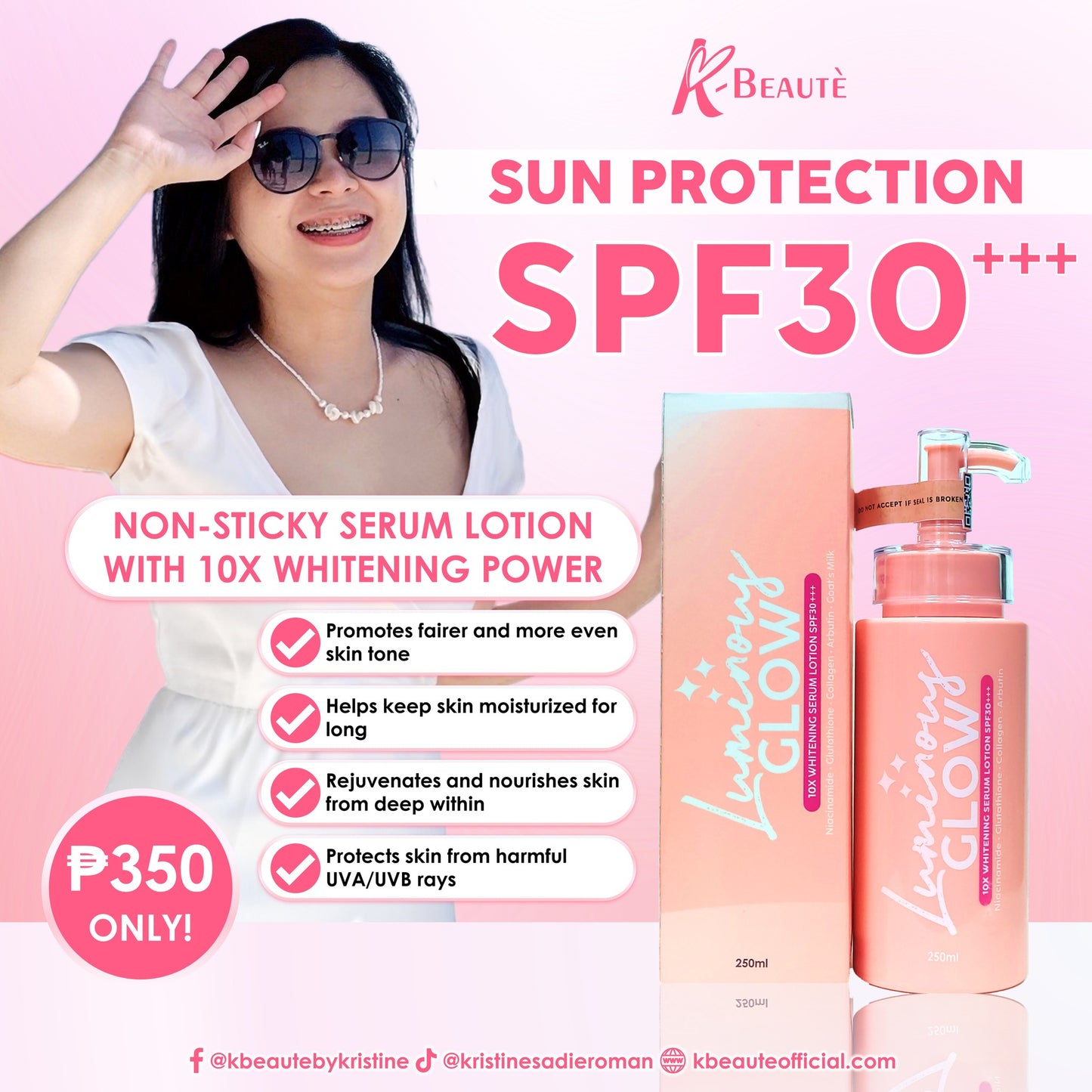 KBEAUTE LUMINOUS GLOW WHITENING SERUM LOTION SPF 30 GLUTA COLLAGEN
