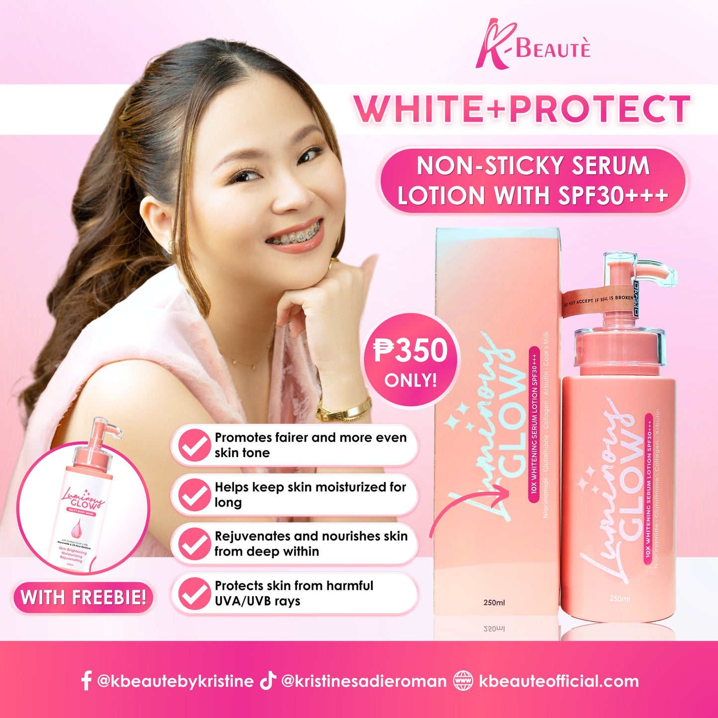 KBEAUTE LUMINOUS GLOW WHITENING SERUM LOTION SPF 30 GLUTA COLLAGEN