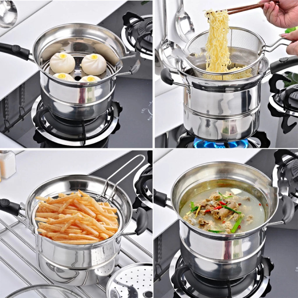 Multifunction Pot 3 in 1 Stainless Steam and Deep Frying Cooking Pot with Boil Basket