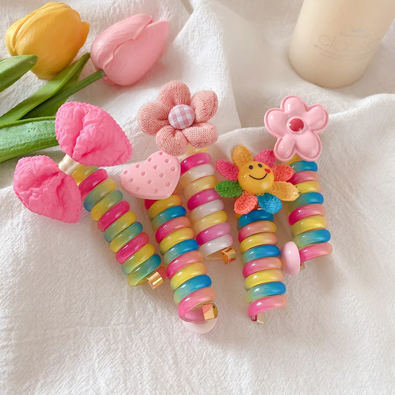 Best Seller! Korean Kids Flowers Rainbow Telephone Wire Hair Tie