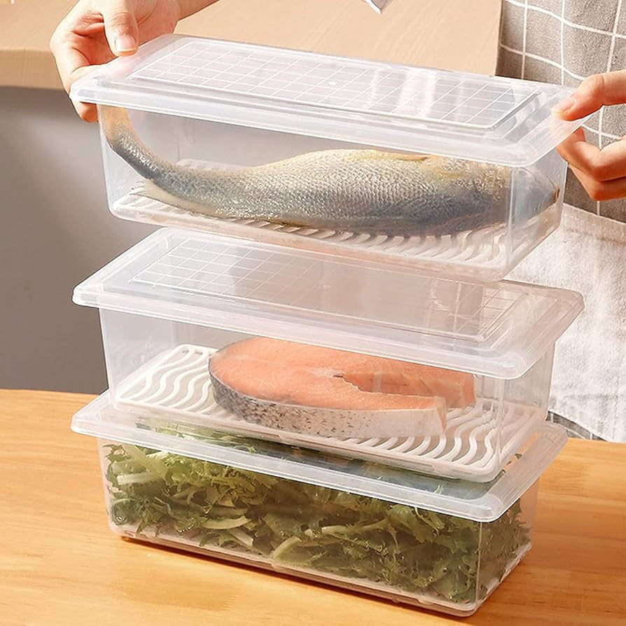 Hot Selling Kitchen Storage Box with Drain Pad Box For Refrigerator Seafood Food Fish Vegetable Fruit Drain Preservation