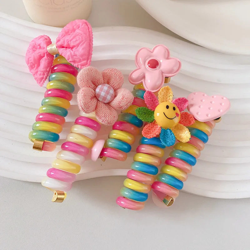 Best Seller! Korean Kids Flowers Rainbow Telephone Wire Hair Tie