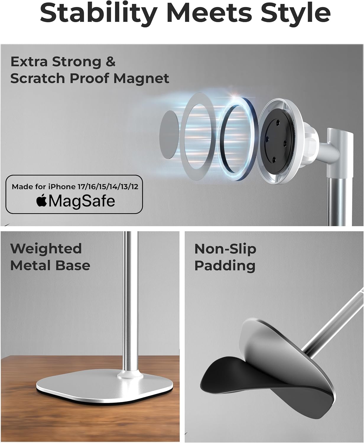 Adjustable Magnetic iPhone Stand for Desk & Phone Holder for Video Recording, Compatible with MagSafe
