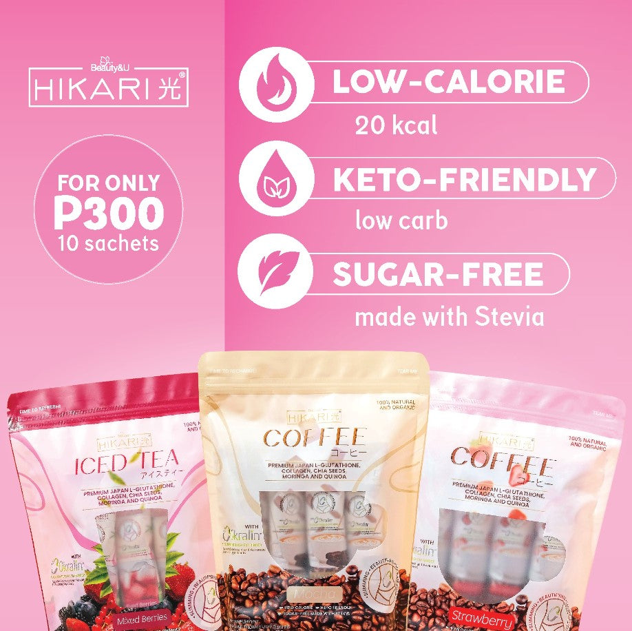 HIKARI DRINKS TATLONG KULAY COFFEE ICED TEA STRAWBERRY MOCHA MIXED BERRIES SLIMMING OKRALIN BERRY