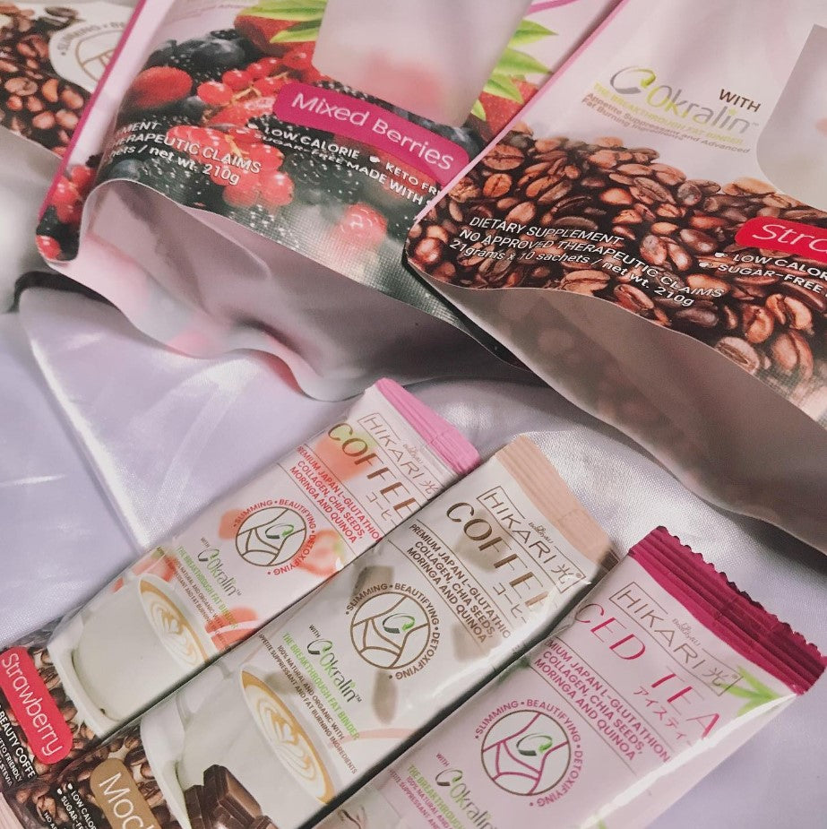 HIKARI DRINKS TATLONG KULAY COFFEE ICED TEA STRAWBERRY MOCHA MIXED BERRIES SLIMMING OKRALIN BERRY