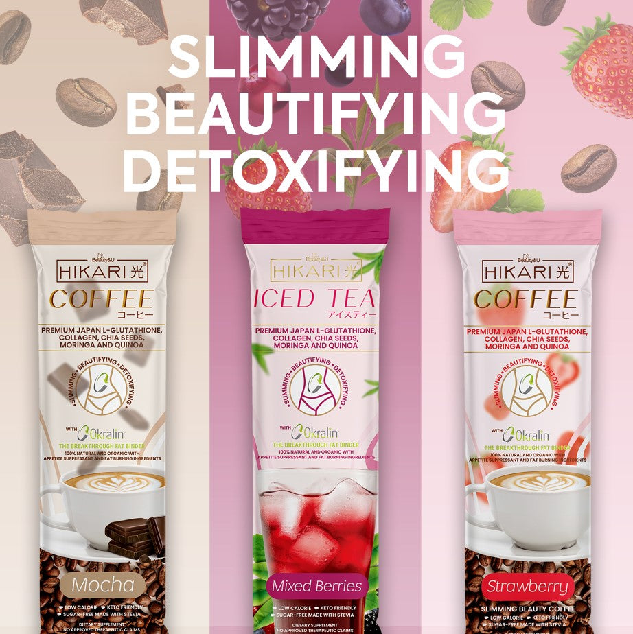 HIKARI DRINKS TATLONG KULAY COFFEE ICED TEA STRAWBERRY MOCHA MIXED BERRIES SLIMMING OKRALIN BERRY