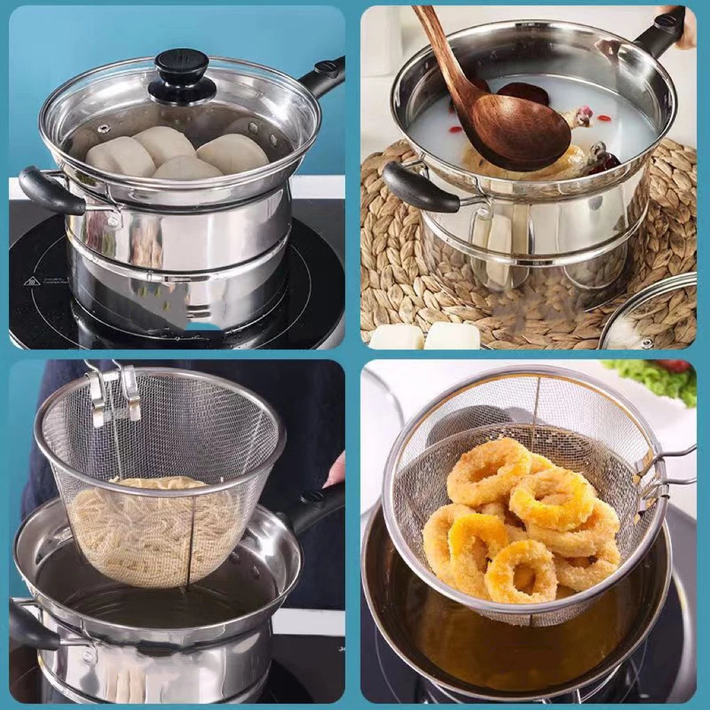 Multifunction Pot 3 in 1 Stainless Steam and Deep Frying Cooking Pot with Boil Basket