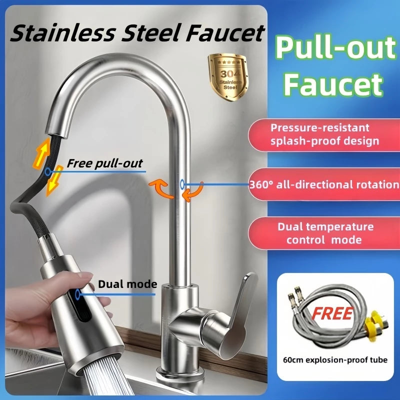 Modern Steel Single Handle 360 Degree Rotating Kitchen Sink Tap Desk Mounted Kitchen Faucets With Pull Down Sprayer