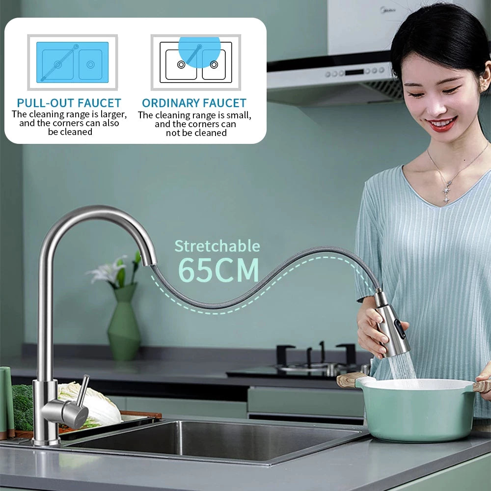 Modern Steel Single Handle 360 Degree Rotating Kitchen Sink Tap Desk Mounted Kitchen Faucets With Pull Down Sprayer