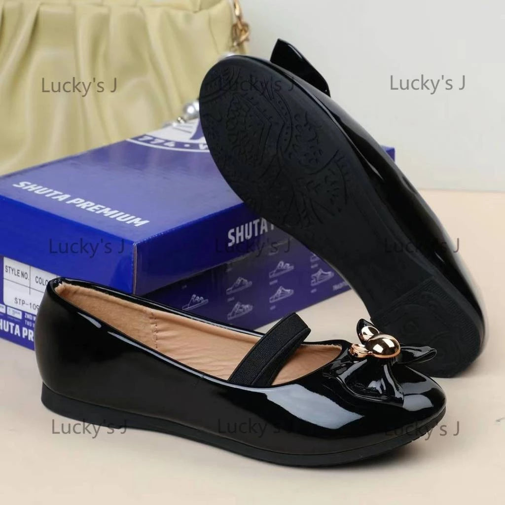 Shuta Girls' patent leather princess shoes, black Mary Jane shoes with bows, rubber soft soles