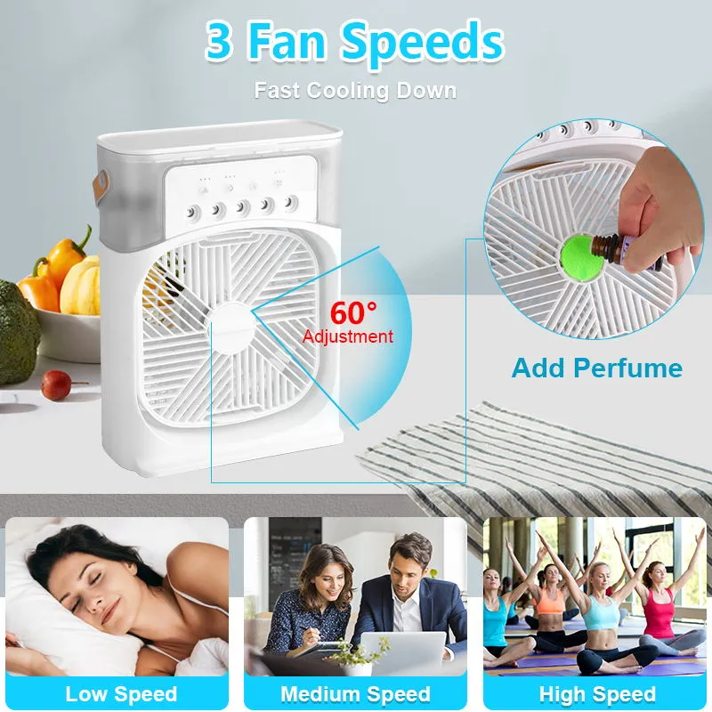 Mini Portable Fan Air Cooling fan Humidifier Purifier Mist Cooler with 7 Colors LED Light