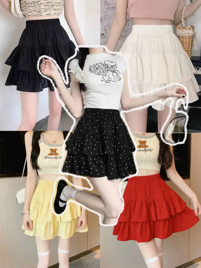 Ladies' Elasticated Waist Double-Layer Drape Skirt Fully Lined for Modesty Mini Skirt Sexy & Cute Youthful Short Skirt Cheerleader Skirt Sweet Bouquet-Style Skirt Silky with Drape Double-Layer Lace Skirt Loose Cloud-Like Skirt Trendy Design Womenswear