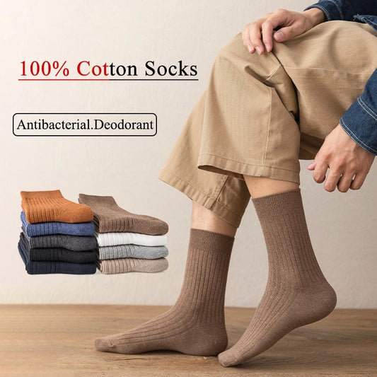 Men Twin-needle 100% Cotton Socks Male Plain Casual Socks Ready Stock Business Semi-High Socks