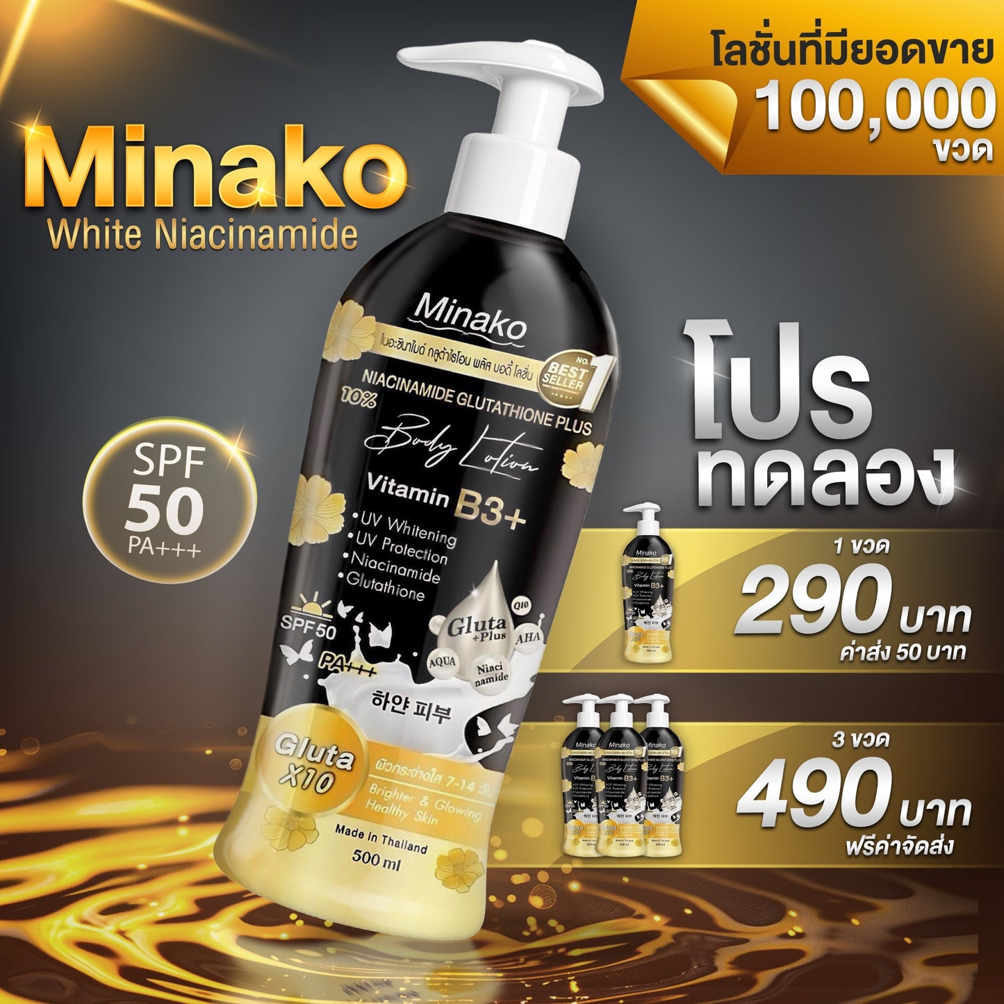 Minako Niacinamide Lotion with Glutathione, Vitamin B3, and SPF50 PA +++