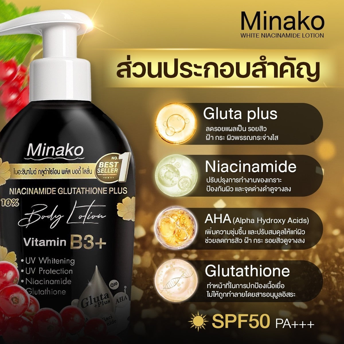 Minako Niacinamide Lotion with Glutathione, Vitamin B3, and SPF50 PA +++