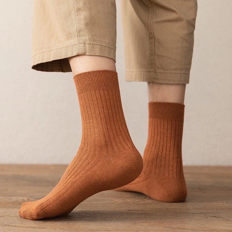 Men Twin-needle 100% Cotton Socks Male Plain Casual Socks Ready Stock Business Semi-High Socks