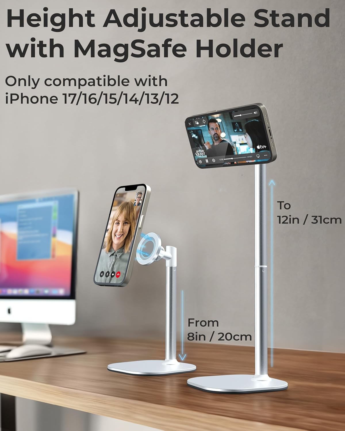 Adjustable Magnetic iPhone Stand for Desk & Phone Holder for Video Recording, Compatible with MagSafe
