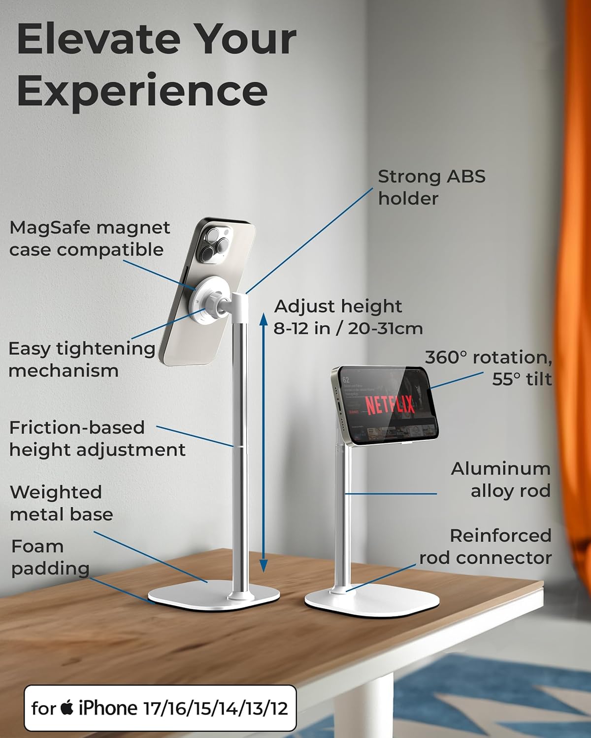 Adjustable Magnetic iPhone Stand for Desk & Phone Holder for Video Recording, Compatible with MagSafe