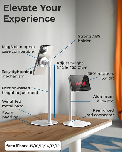 Adjustable Magnetic iPhone Stand for Desk & Phone Holder for Video Recording, Compatible with MagSafe