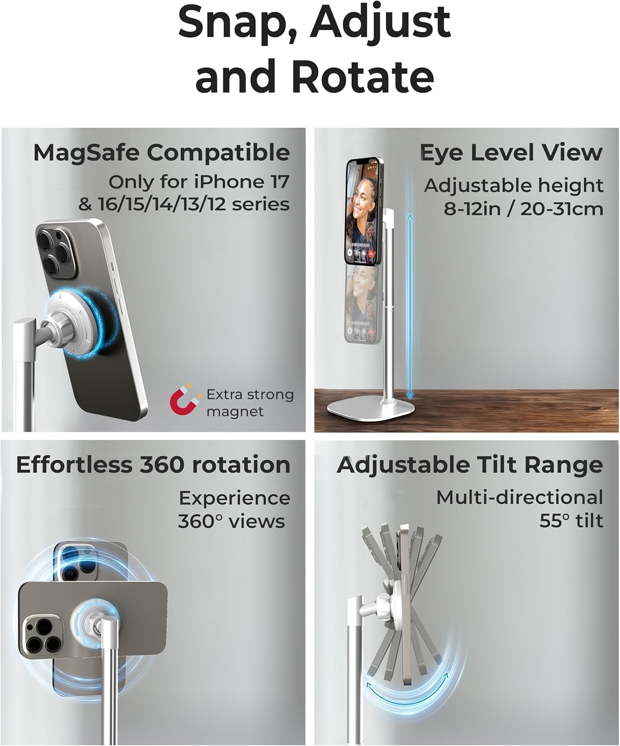 Adjustable Magnetic iPhone Stand for Desk & Phone Holder for Video Recording, Compatible with MagSafe