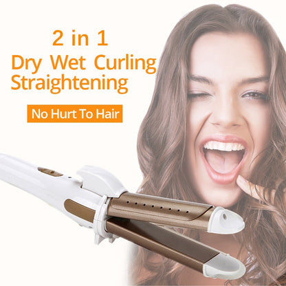 2 In 1 Straightener Fast Heating Tourmaline Ceramic Hair Curler Straight Curly Hair Styling Tools Wet and Dry Hair Curling Iron