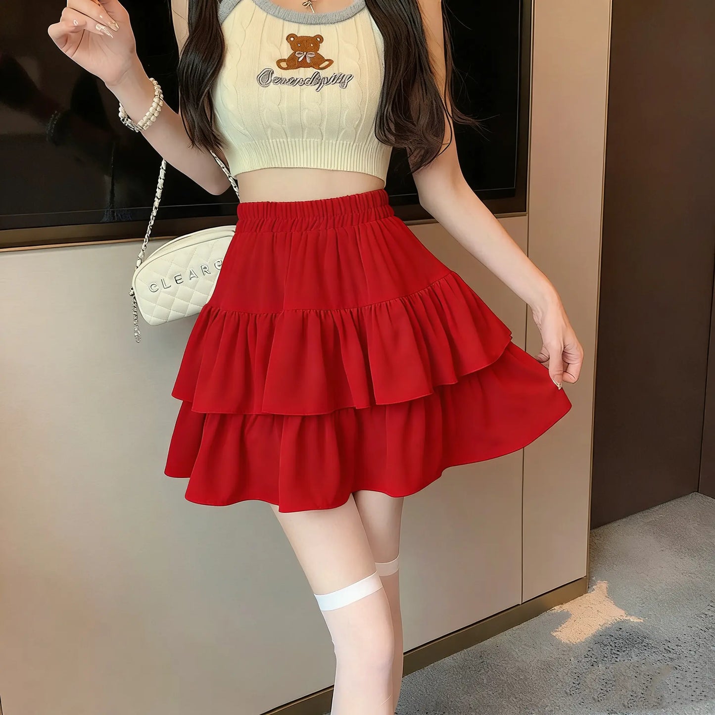 Ladies' Elasticated Waist Double-Layer Drape Skirt Fully Lined for Modesty Mini Skirt Sexy & Cute Youthful Short Skirt Cheerleader Skirt Sweet Bouquet-Style Skirt Silky with Drape Double-Layer Lace Skirt Loose Cloud-Like Skirt Trendy Design Womenswear