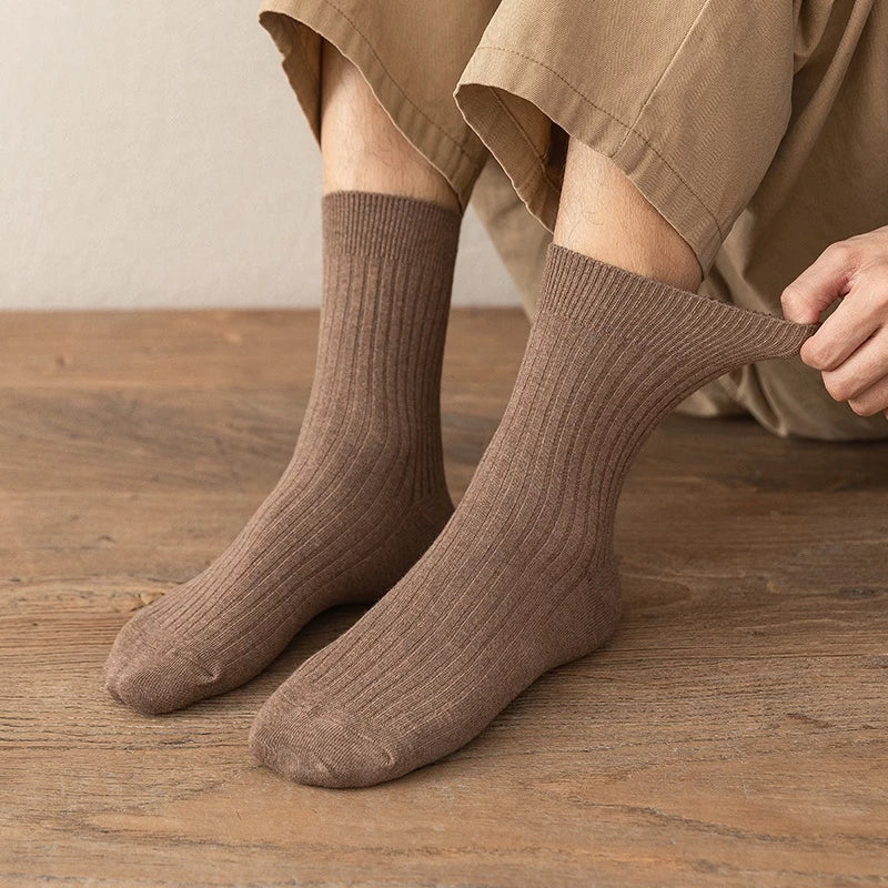 Men Twin-needle 100% Cotton Socks Male Plain Casual Socks Ready Stock Business Semi-High Socks