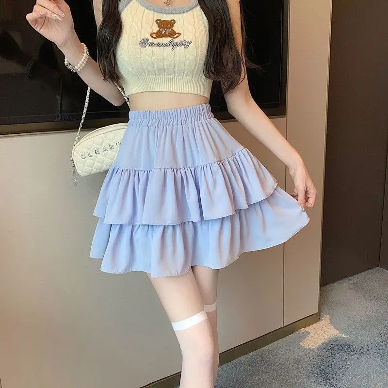 Ladies' Elasticated Waist Double-Layer Drape Skirt Fully Lined for Modesty Mini Skirt Sexy & Cute Youthful Short Skirt Cheerleader Skirt Sweet Bouquet-Style Skirt Silky with Drape Double-Layer Lace Skirt Loose Cloud-Like Skirt Trendy Design Womenswear