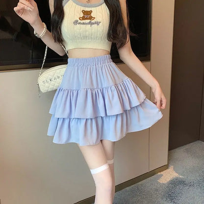 Ladies' Elasticated Waist Double-Layer Drape Skirt Fully Lined for Modesty Mini Skirt Sexy & Cute Youthful Short Skirt Cheerleader Skirt Sweet Bouquet-Style Skirt Silky with Drape Double-Layer Lace Skirt Loose Cloud-Like Skirt Trendy Design Womenswear