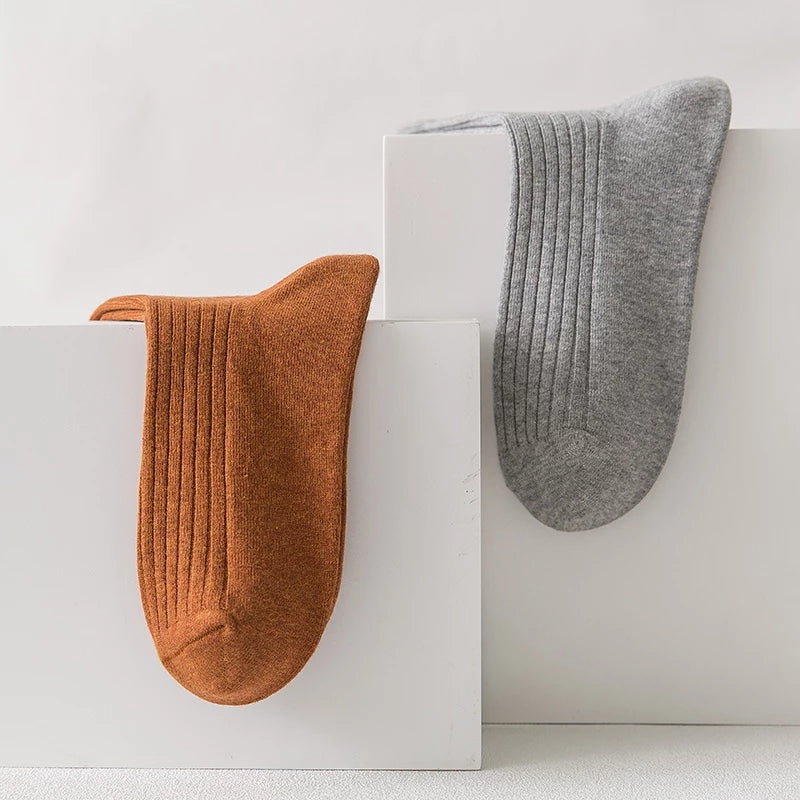 Men Twin-needle 100% Cotton Socks Male Plain Casual Socks Ready Stock Business Semi-High Socks