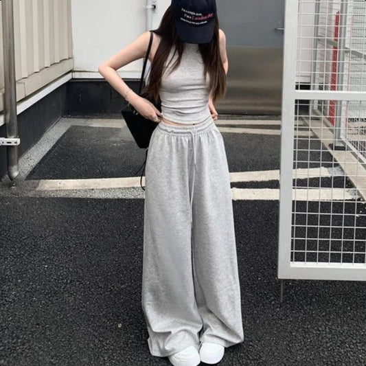 Korean Version Lazy Style Gray Lounge Sweatpants Women Loose Casual Wide Leg Trousers