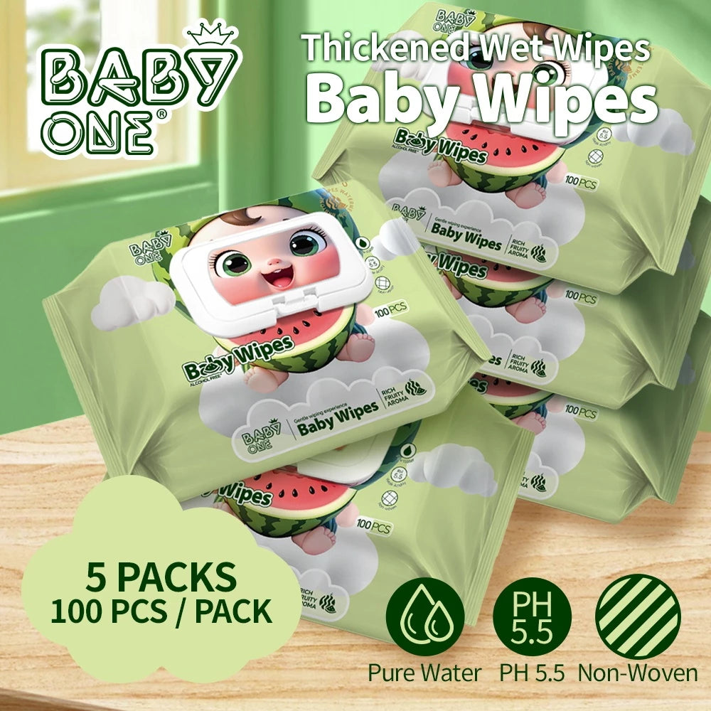 BABYONE 5 Packs 100 Sheet Baby Wet Wipes Fruity Scented Alcohol-Free Gentle Disposable Cotton Wipes