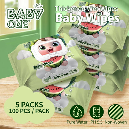 BABYONE 5 Packs 100 Sheet Baby Wet Wipes Fruity Scented Alcohol-Free Gentle Disposable Cotton Wipes