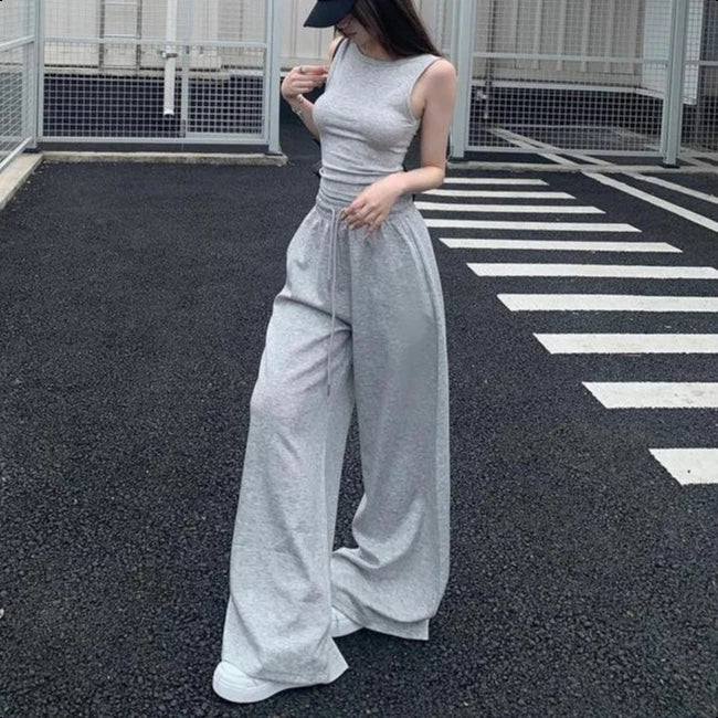 Korean Version Lazy Style Gray Lounge Sweatpants Women Loose Casual Wide Leg Trousers