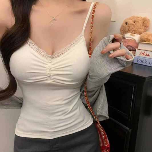 Sexy Lace V-neck Padded Top Casual Button Basic Summer Camisole Top For Women