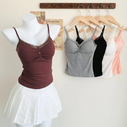 Sexy Lace V-neck Padded Top Casual Button Basic Summer Camisole Top For Women