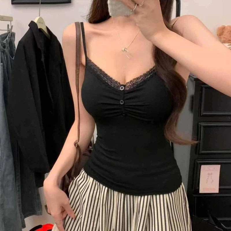 Sexy Lace V-neck Padded Top Casual Button Basic Summer Camisole Top For Women
