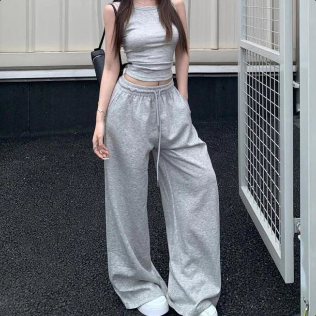 Korean Version Lazy Style Gray Lounge Sweatpants Women Loose Casual Wide Leg Trousers