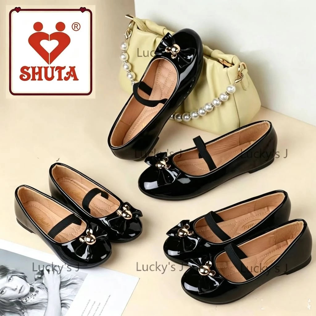 Shuta Girls' patent leather princess shoes, black Mary Jane shoes with bows, rubber soft soles