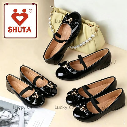 Shuta Girls' patent leather princess shoes, black Mary Jane shoes with bows, rubber soft soles