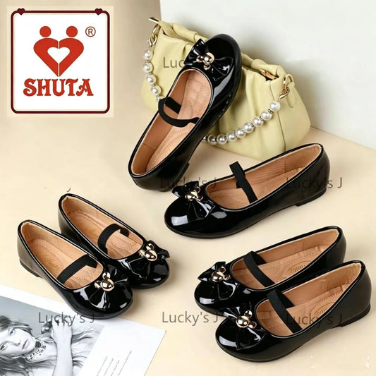 Shuta Girls' patent leather princess shoes, black Mary Jane shoes with bows, rubber soft soles