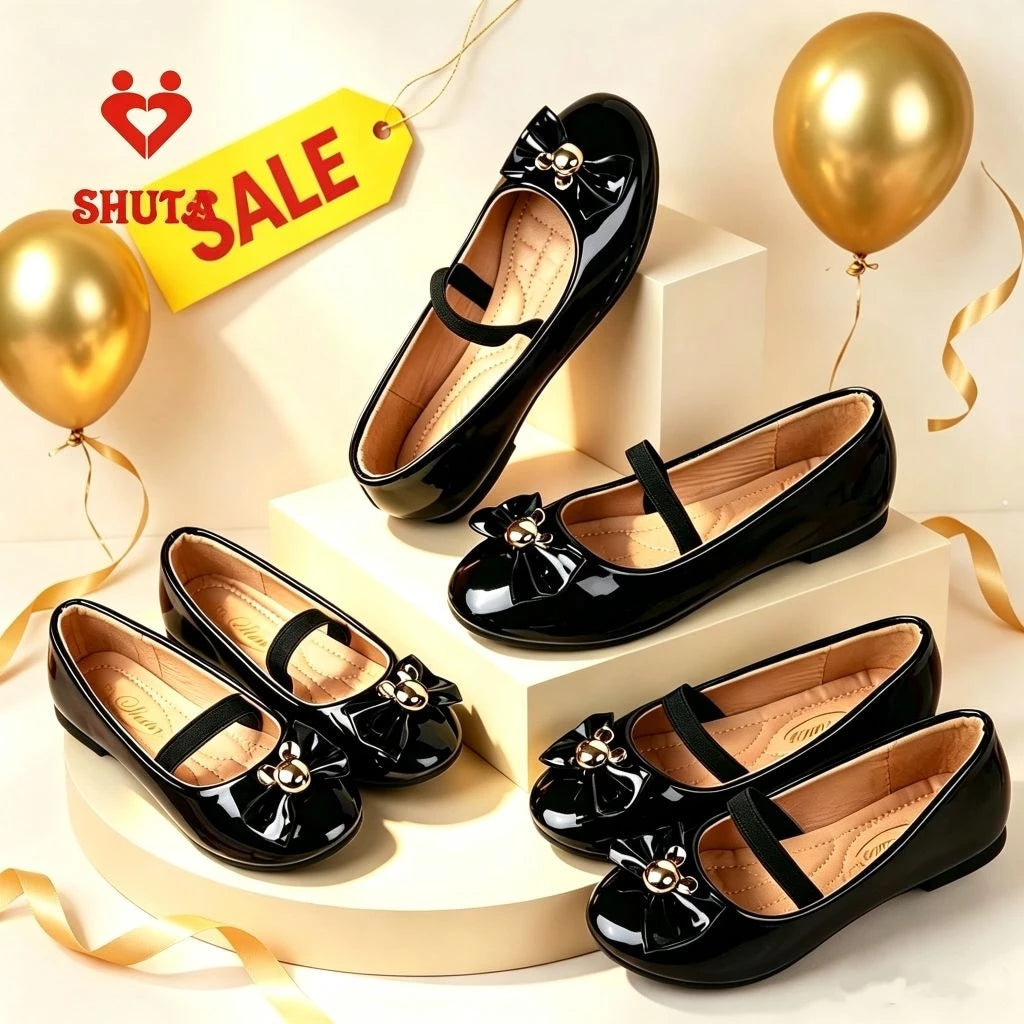 Shuta Girls' patent leather princess shoes, black Mary Jane shoes with bows, rubber soft soles
