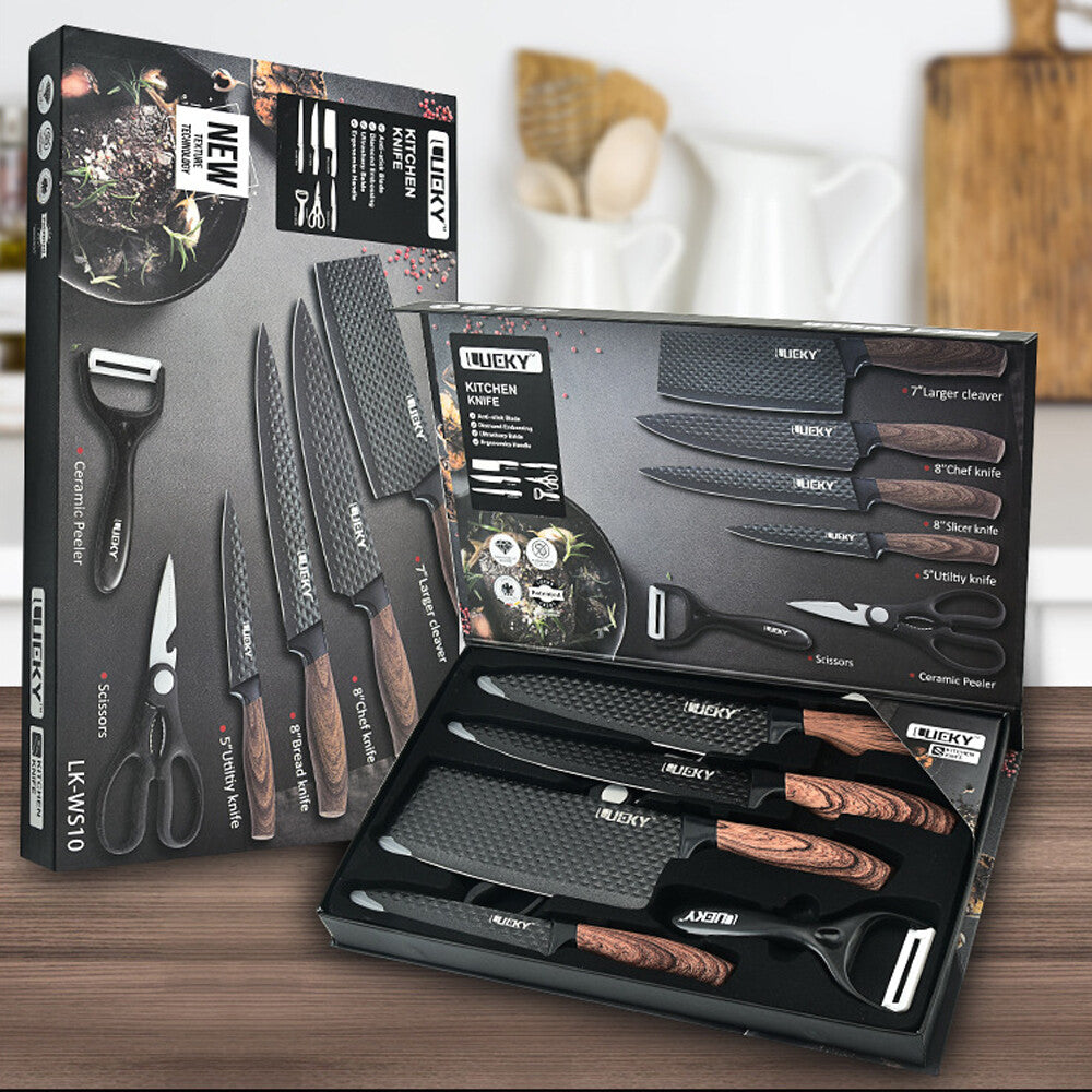 6pcs Kitchen Knife Set Japanese Stainless Steel Cleaver Chef Knives Shears Gift