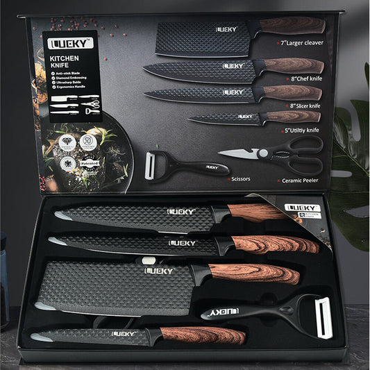 6pcs Kitchen Knife Set Japanese Stainless Steel Cleaver Chef Knives Shears Gift