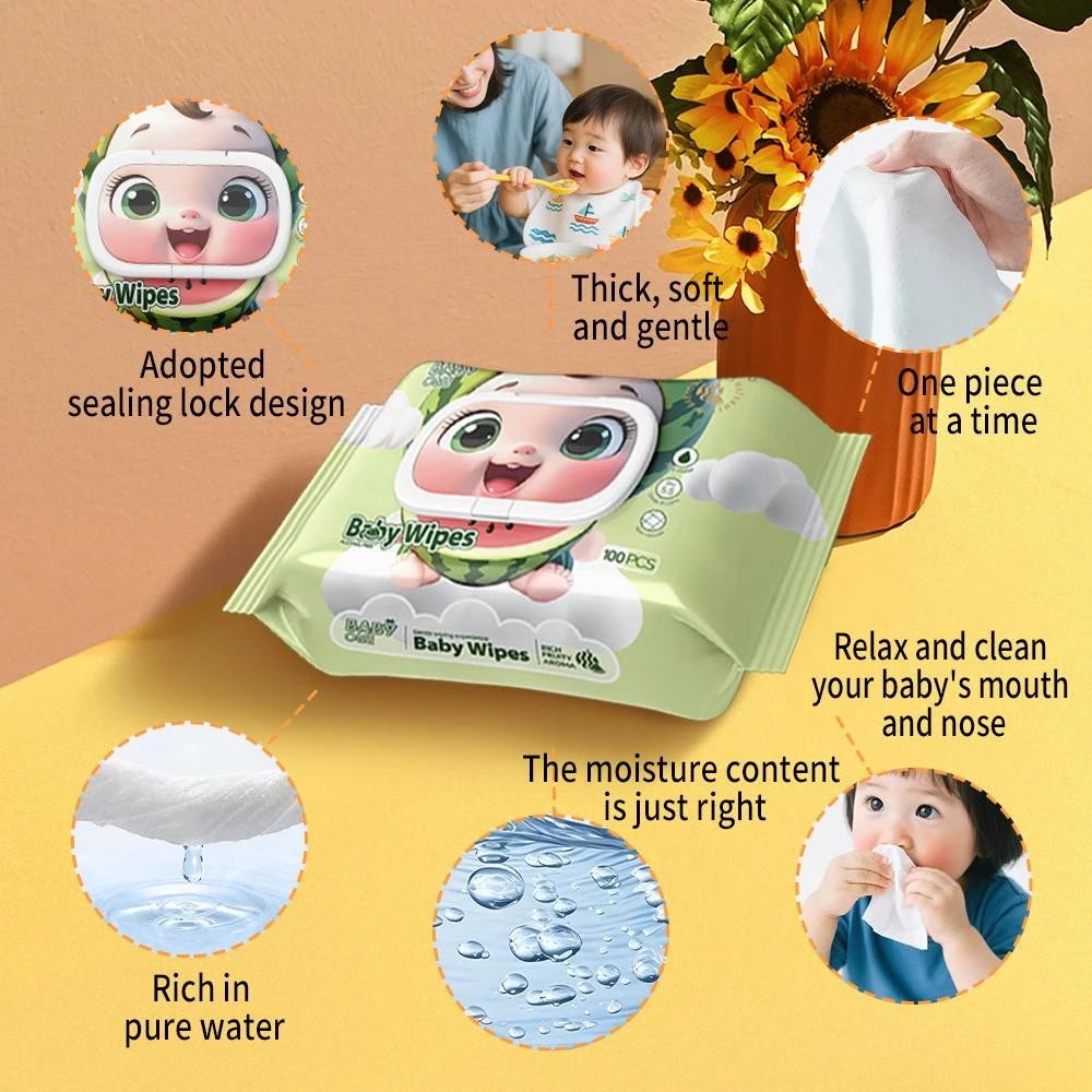BABYONE 5 Packs 100 Sheet Baby Wet Wipes Fruity Scented Alcohol-Free Gentle Disposable Cotton Wipes