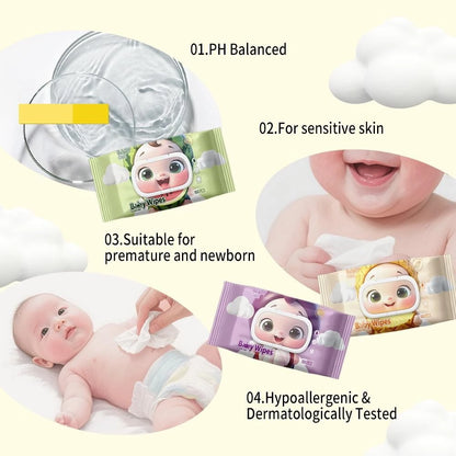BABYONE 5 Packs 100 Sheet Baby Wet Wipes Fruity Scented Alcohol-Free Gentle Disposable Cotton Wipes