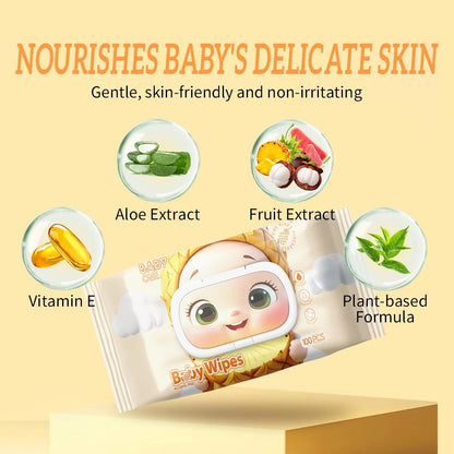 BABYONE 5 Packs 100 Sheet Baby Wet Wipes Fruity Scented Alcohol-Free Gentle Disposable Cotton Wipes